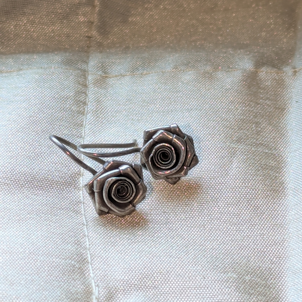 Handmade Artisan Sterling Silver Rose Earrings Artsy Industrial Vintage Estate